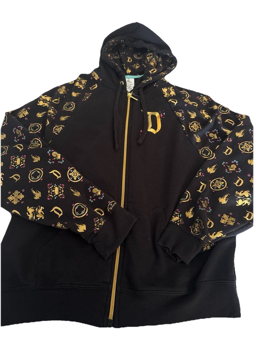 Disney Sleeping Beauty Castle Hoodie Jacket Womens Large Black Gold Japan
